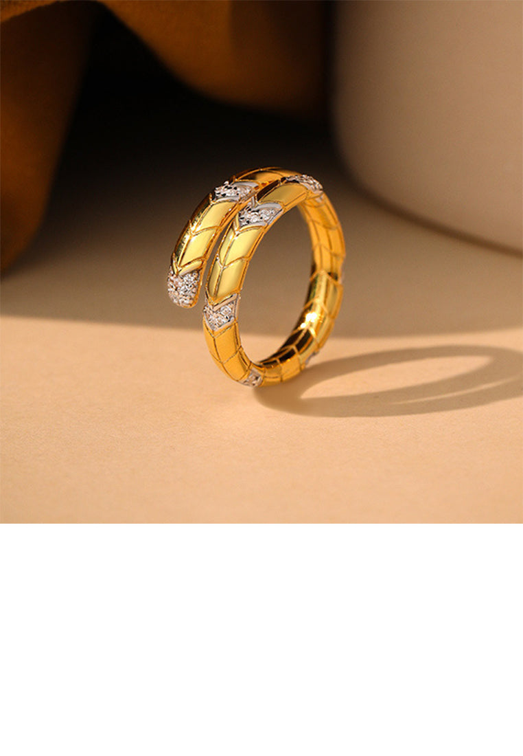 925 Sterling Silver Plated Gold Simple Personalized Snake Shape Adjustable Open Ring With Cubic Zirconia - Luxurious Look