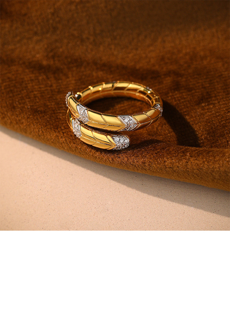 925 Sterling Silver Plated Gold Simple Personalized Snake Shape Adjustable Open Ring With Cubic Zirconia - Luxurious Look