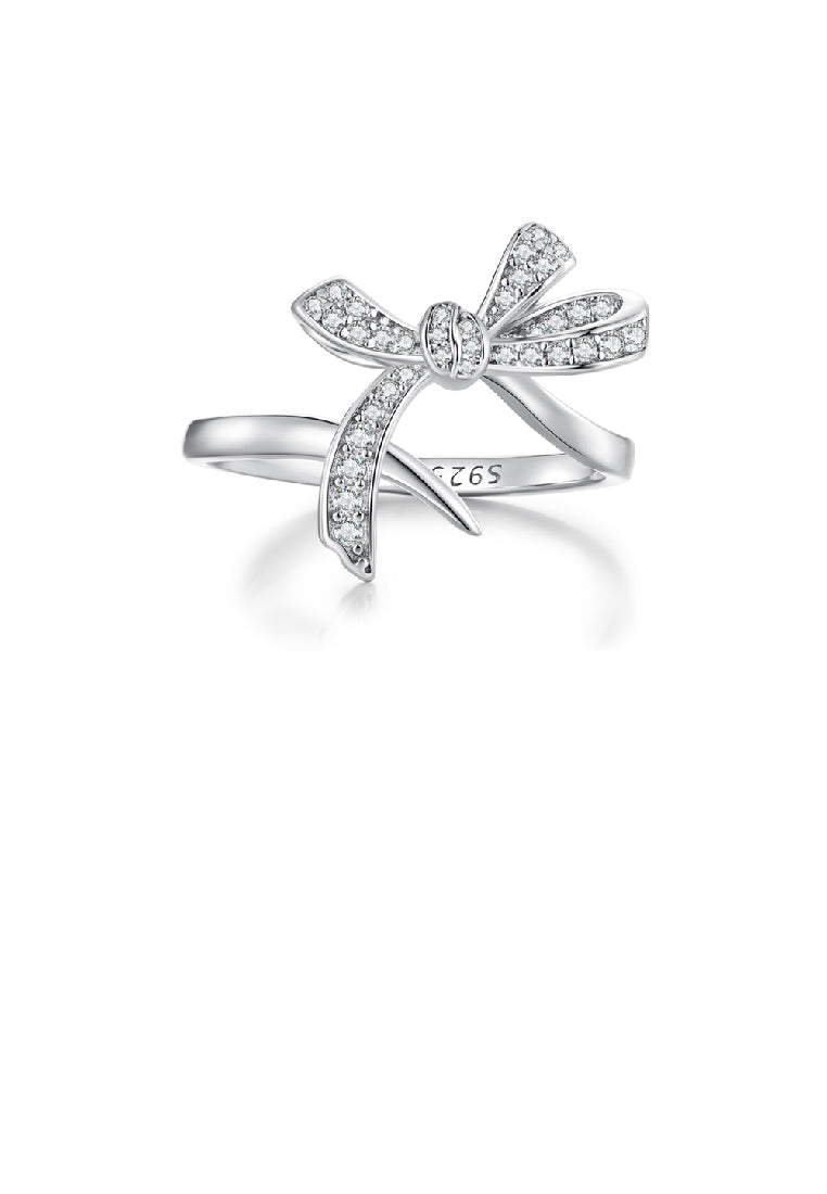 925 Sterling Silver Sweet Fashion Ribbon Adjustable Open Ring with Cubic Zirconia - Luxurious Look