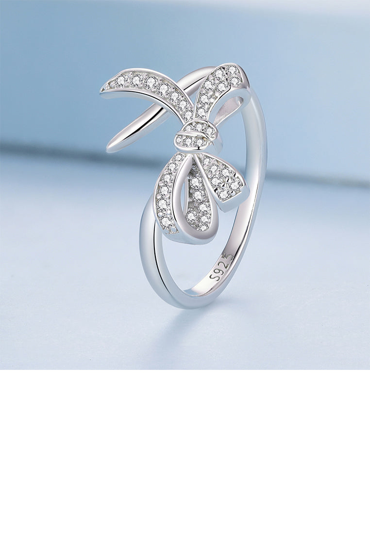 925 Sterling Silver Sweet Fashion Ribbon Adjustable Open Ring with Cubic Zirconia - Luxurious Look