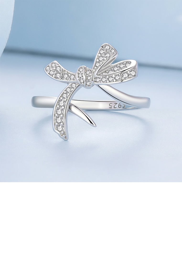 925 Sterling Silver Sweet Fashion Ribbon Adjustable Open Ring with Cubic Zirconia - Luxurious Look