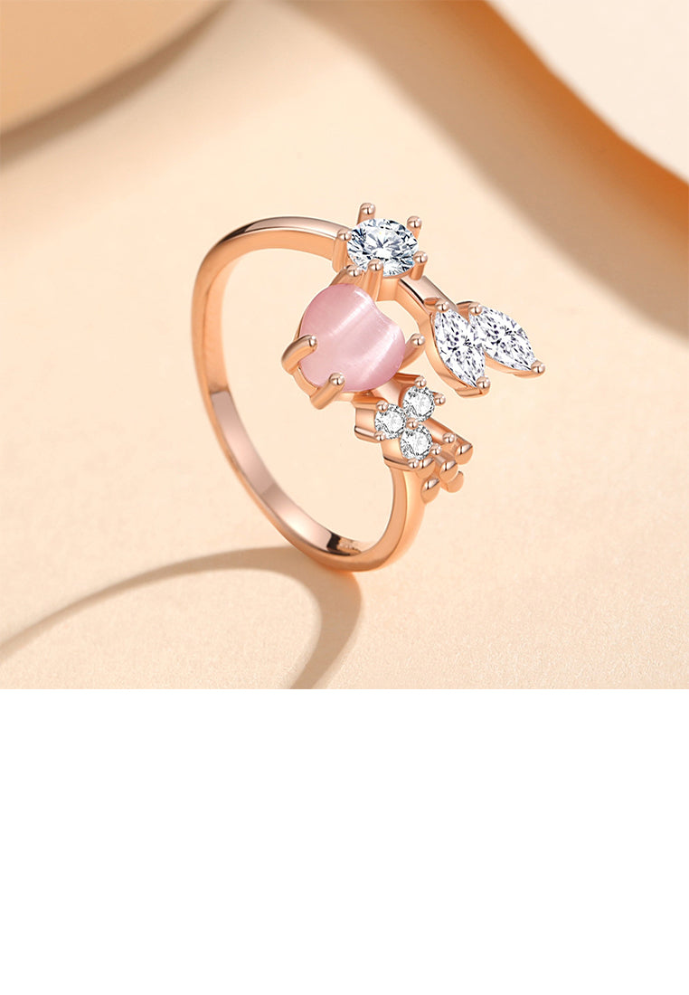 925 Sterling Silver Plated Rose Gold Fashion and Simple Heart-shaped Cats Eye Adjustable Open Ring with Cubic Zirconia - Luxurious Look