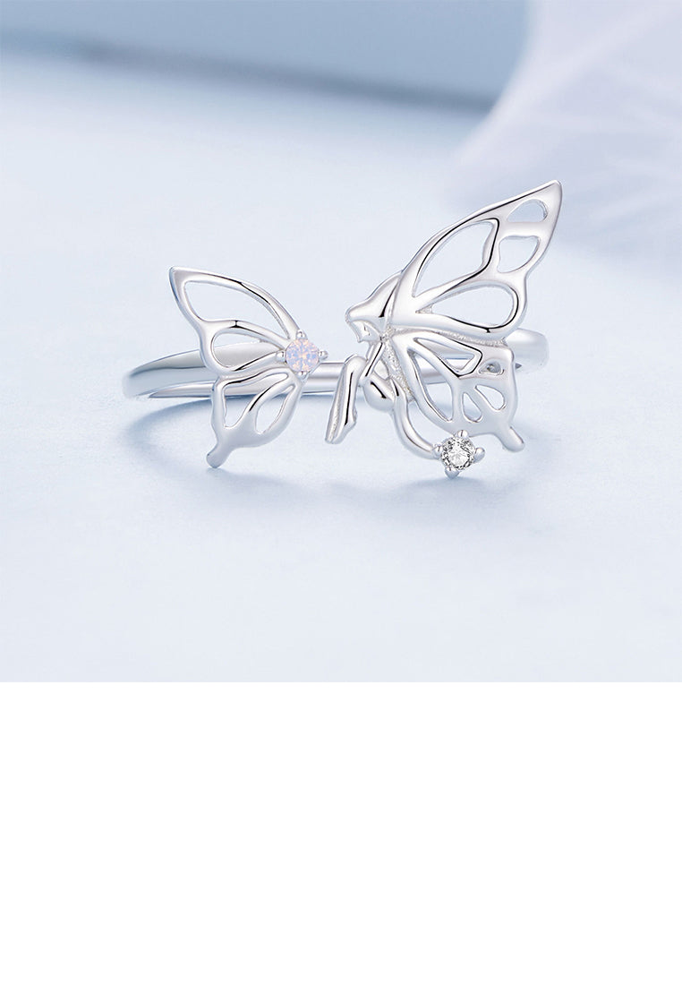 925 Sterling Silver Fashion Simple Butterfly Elf Adjustable Open Ring with Cubic Zirconia - Luxurious Look
