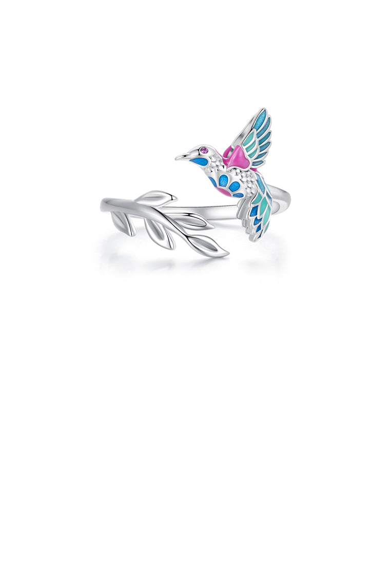 925 Sterling Silver Fashion Temperament Enamel Kingfisher Adjustable Open Ring With Cubic Zirconia - Luxurious Look