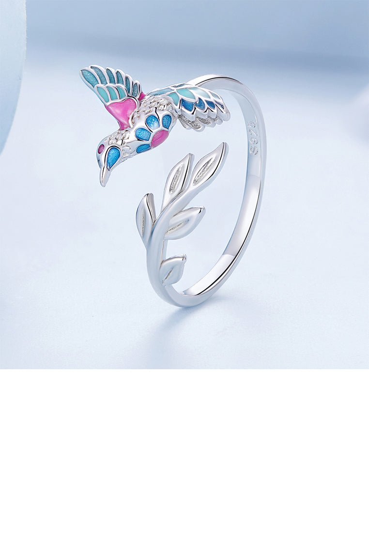 925 Sterling Silver Fashion Temperament Enamel Kingfisher Adjustable Open Ring With Cubic Zirconia - Luxurious Look
