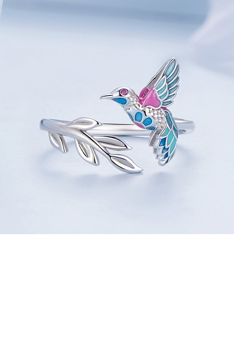 925 Sterling Silver Fashion Temperament Enamel Kingfisher Adjustable Open Ring With Cubic Zirconia - Luxurious Look