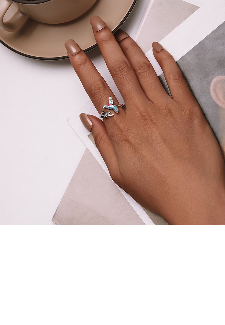 925 Sterling Silver Fashion Temperament Enamel Kingfisher Adjustable Open Ring With Cubic Zirconia - Luxurious Look