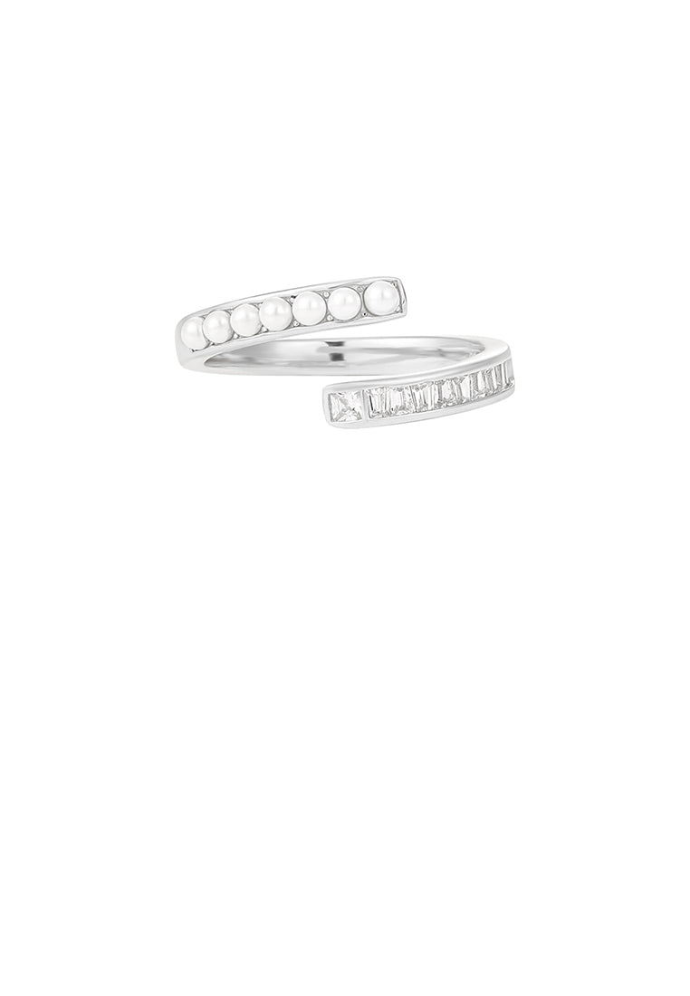 925 Sterling Silver Simple Temperament Geometric Imitation Pearl Adjustable Open Ring with Cubic Zirconia - Luxurious Look
