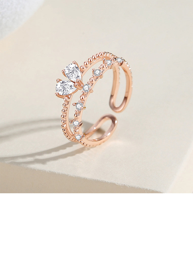 925 Sterling Silver Plated Rose Gold Fashion Simple Heart Double Layer Geometric Adjustable Open Ring with Cubic Zirconia - Luxurious Look