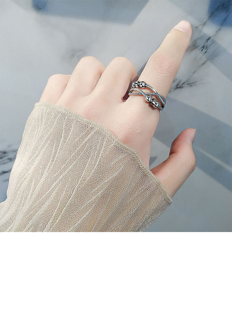 925 Sterling Silver Fashion And Creative Beaded Cross Geometric Adjustable Ring