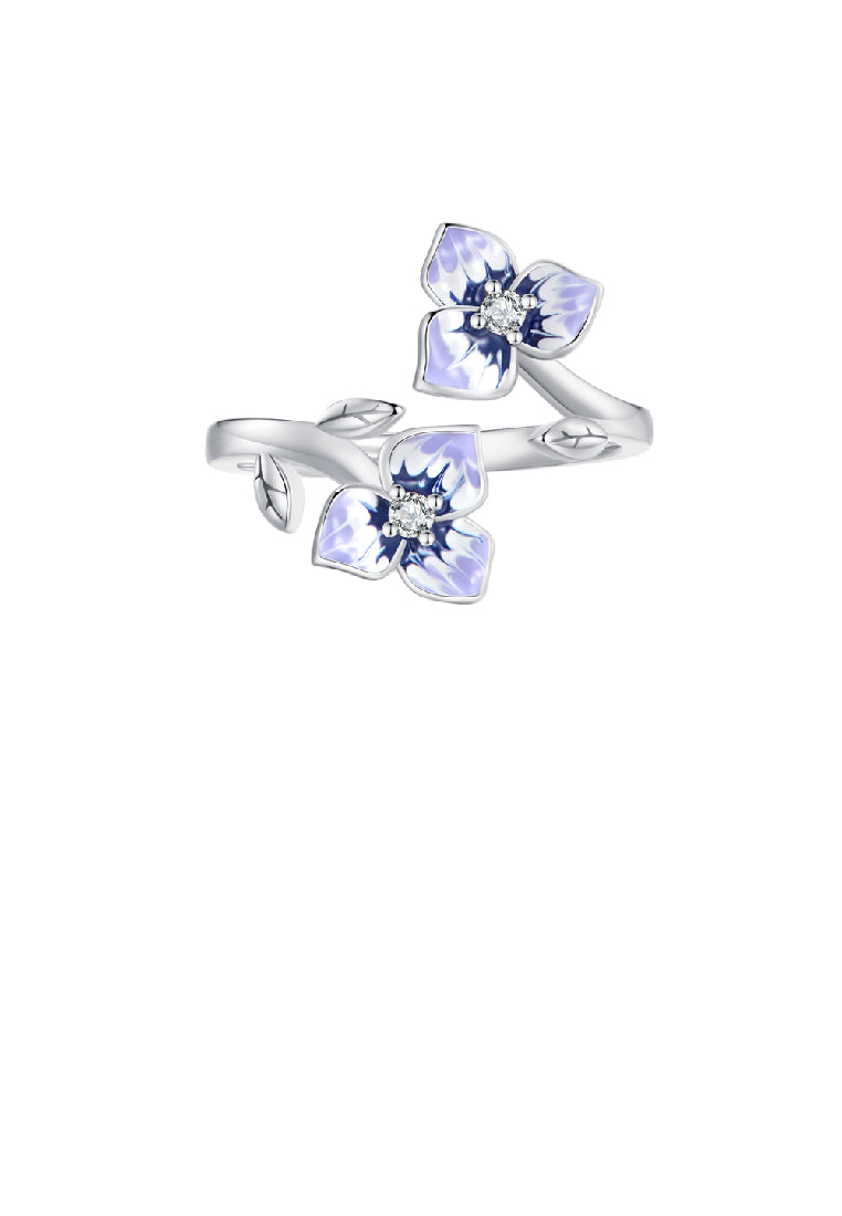 925 Sterling Silver Fashion Elegant Enamel Purple Flower Adjustable Open Ring with Cubic Zirconia - Luxurious Look