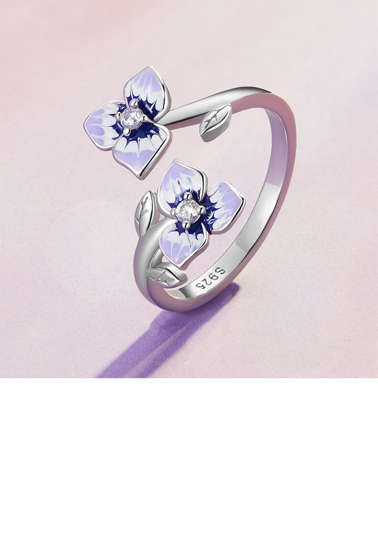 925 Sterling Silver Fashion Elegant Enamel Purple Flower Adjustable Open Ring with Cubic Zirconia - Luxurious Look