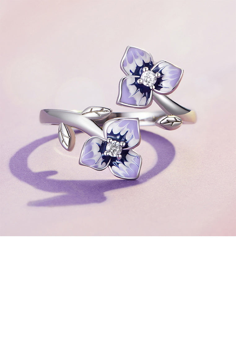 925 Sterling Silver Fashion Elegant Enamel Purple Flower Adjustable Open Ring with Cubic Zirconia - Luxurious Look