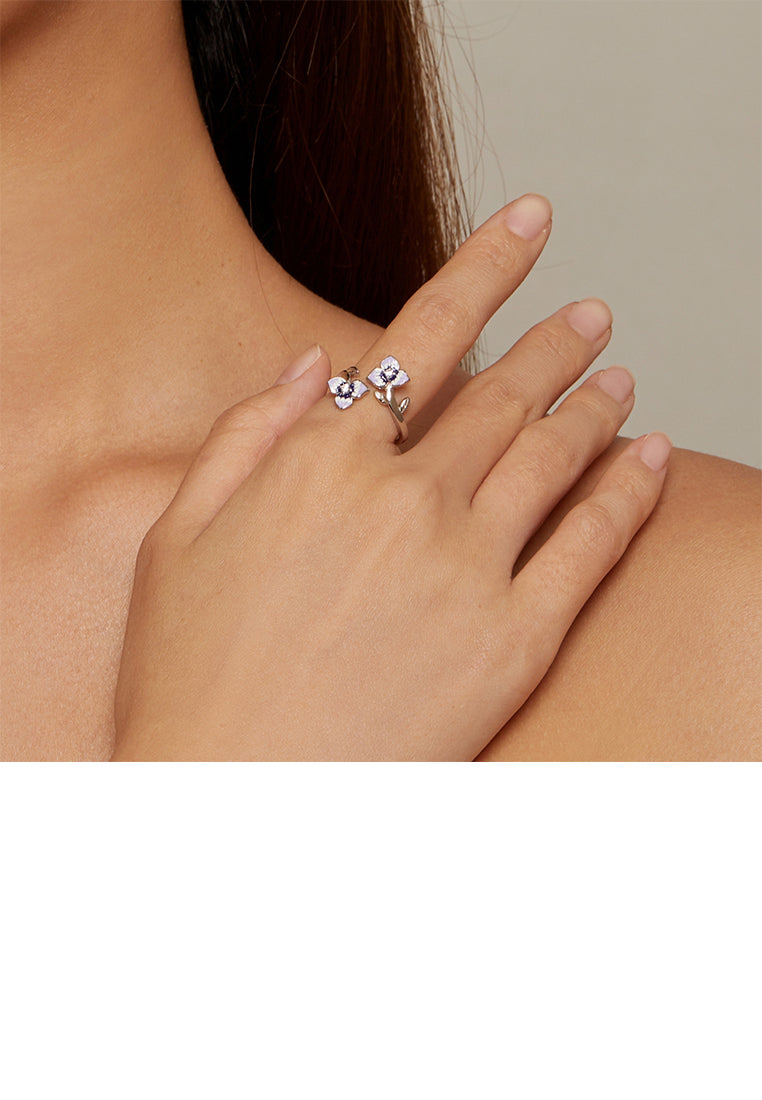 925 Sterling Silver Fashion Elegant Enamel Purple Flower Adjustable Open Ring with Cubic Zirconia - Luxurious Look