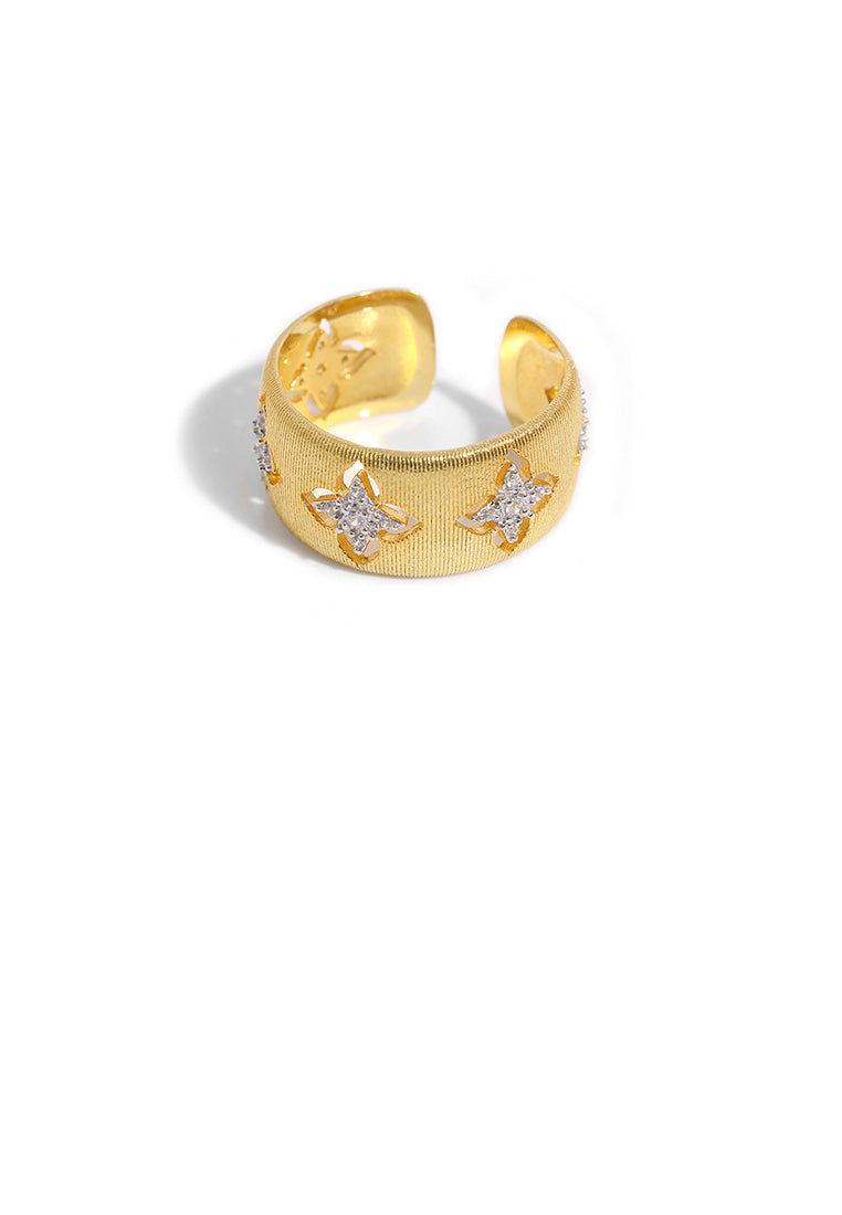 925 Sterling Silver Plated Gold Fashion and Personalized Four-leafed Clover Pattern Brushed Geometric Adjustable Open Ring with Cubic Zirconia - Luxurious Look