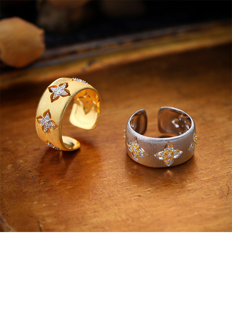 925 Sterling Silver Plated Gold Fashion and Personalized Four-leafed Clover Pattern Brushed Geometric Adjustable Open Ring with Cubic Zirconia - Luxurious Look