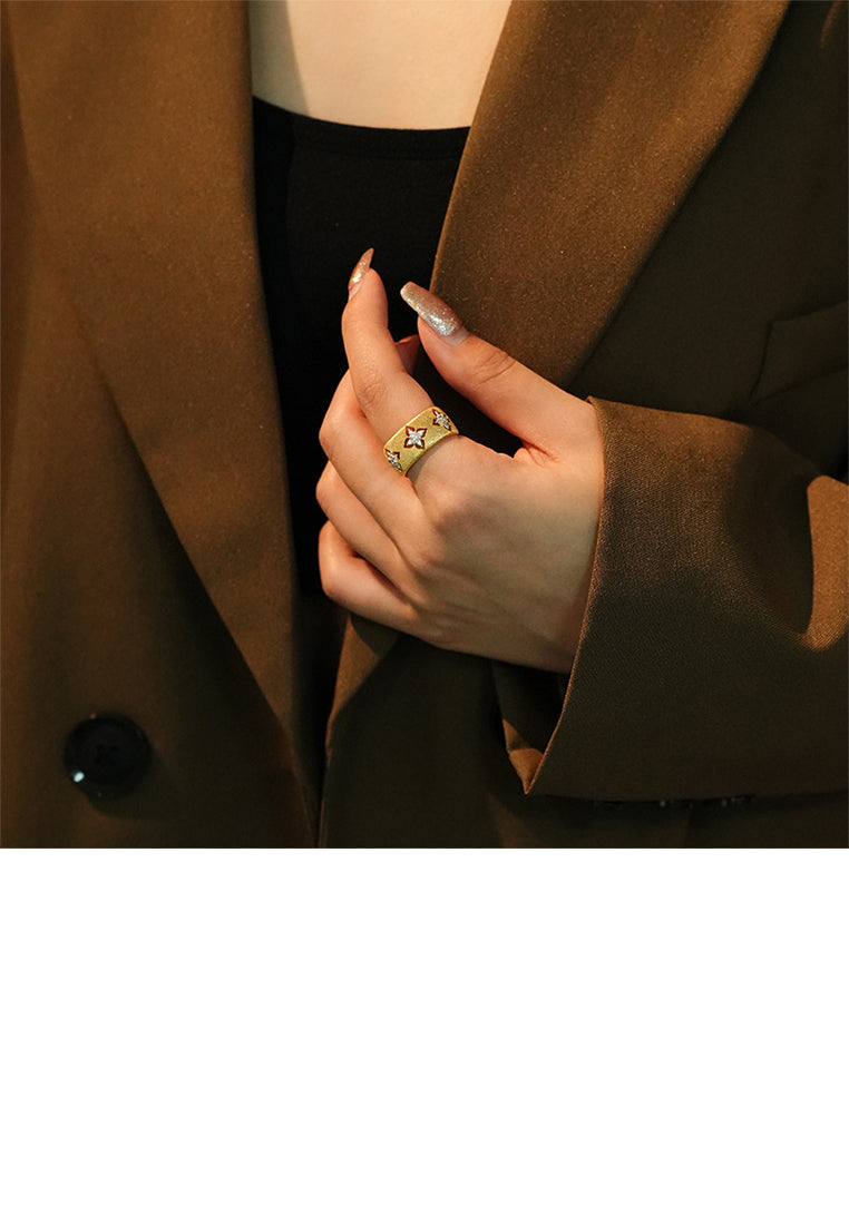 925 Sterling Silver Plated Gold Fashion and Personalized Four-leafed Clover Pattern Brushed Geometric Adjustable Open Ring with Cubic Zirconia - Luxurious Look