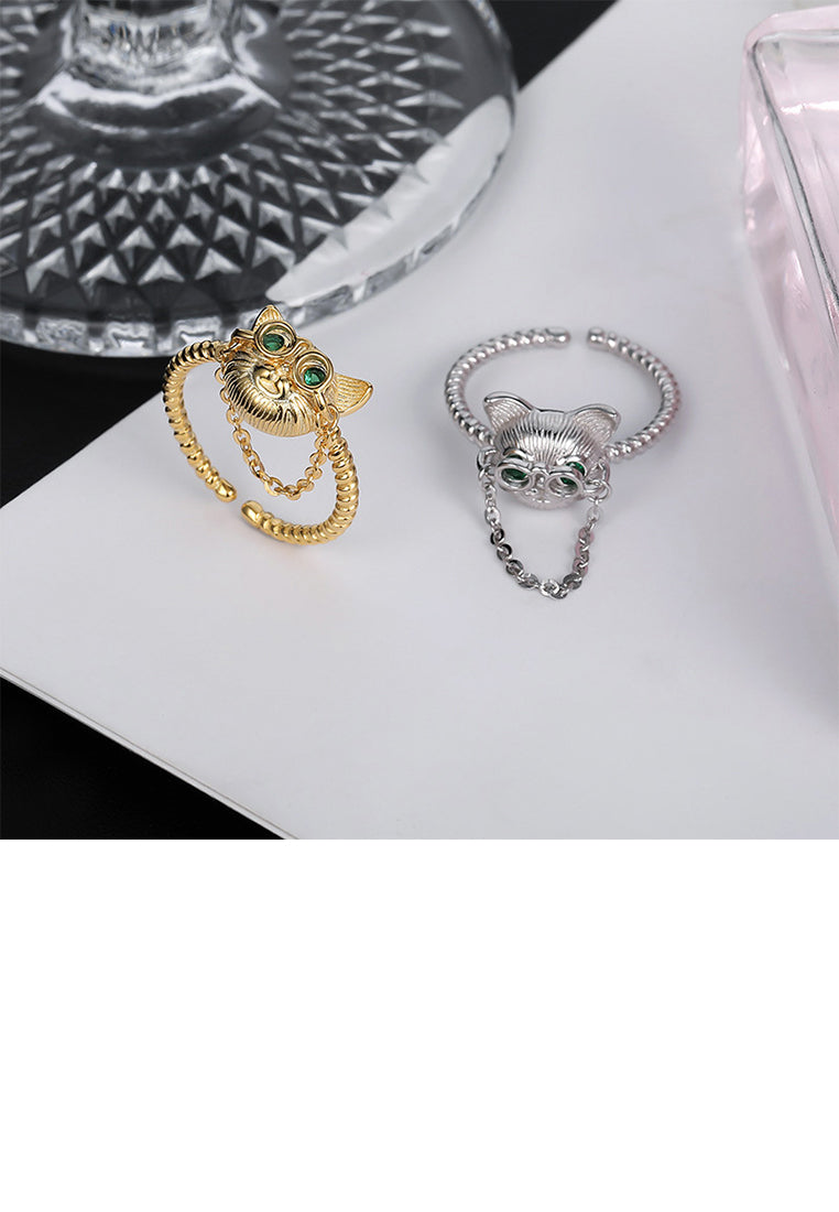 925 Sterling Silver Simple Cute Cat Tassel Adjustable Open Ring with Cubic Zirconia - Luxurious Look