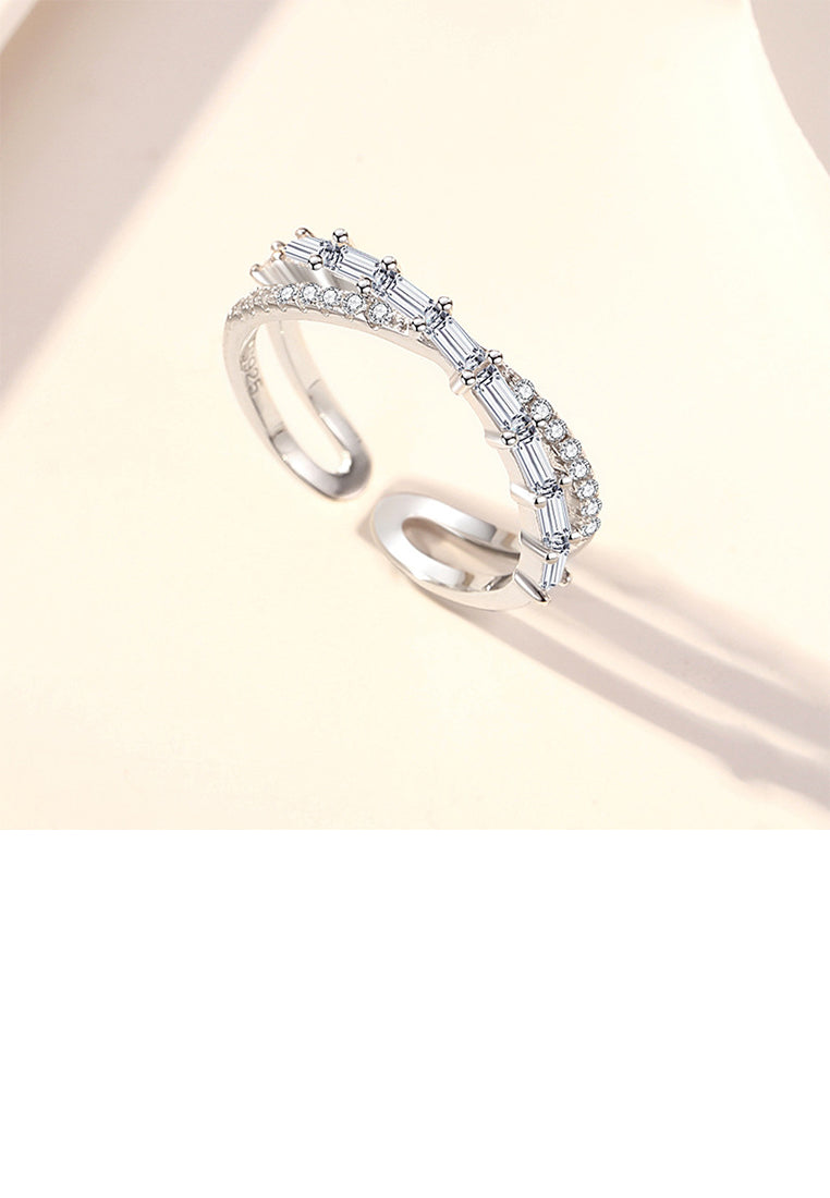 925 Sterling Silver Simple Fashion Crossover Geometric Adjustable Open Ring With Cubic Zirconia - Luxurious Look