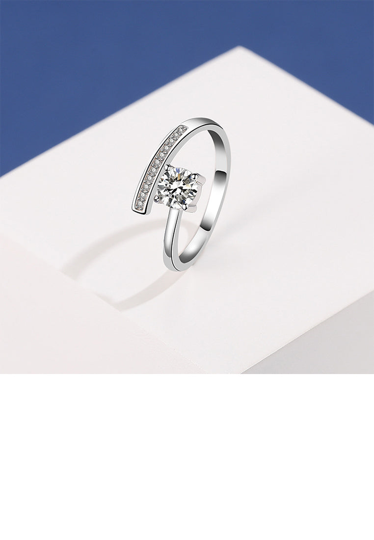 925 Sterling Silver Simple Brilliant Geometric Adjustable Open Ring With Cubic Zirconia - Luxurious Look