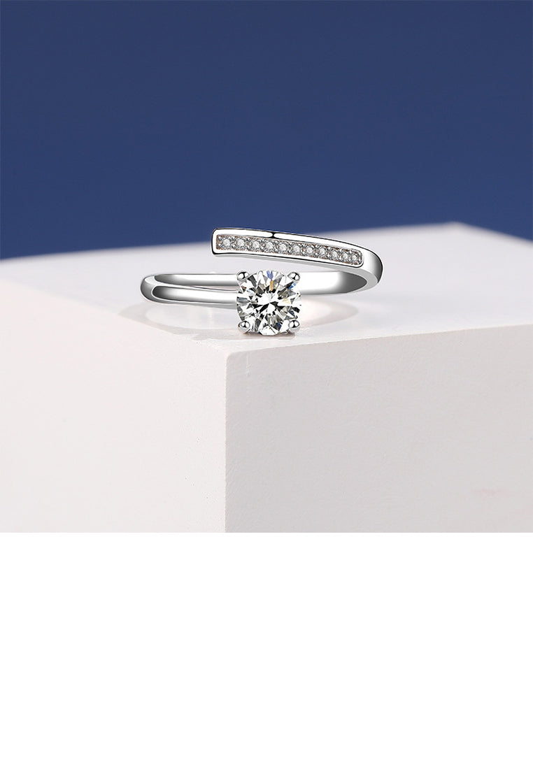 925 Sterling Silver Simple Brilliant Geometric Adjustable Open Ring With Cubic Zirconia - Luxurious Look