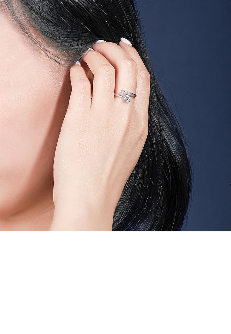 925 Sterling Silver Simple Brilliant Geometric Adjustable Open Ring With Cubic Zirconia - Luxurious Look