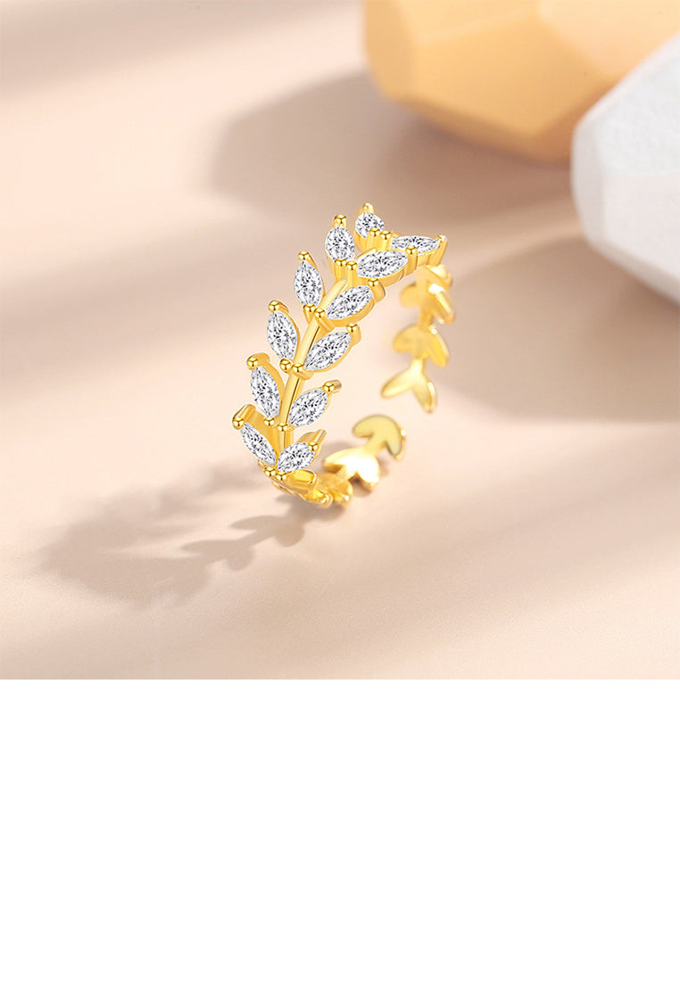 925 Sterling Silver Plated Gold Fashion Simple Wheat Geometric Adjustable Open Ring with Cubic Zirconia - Luxurious Look