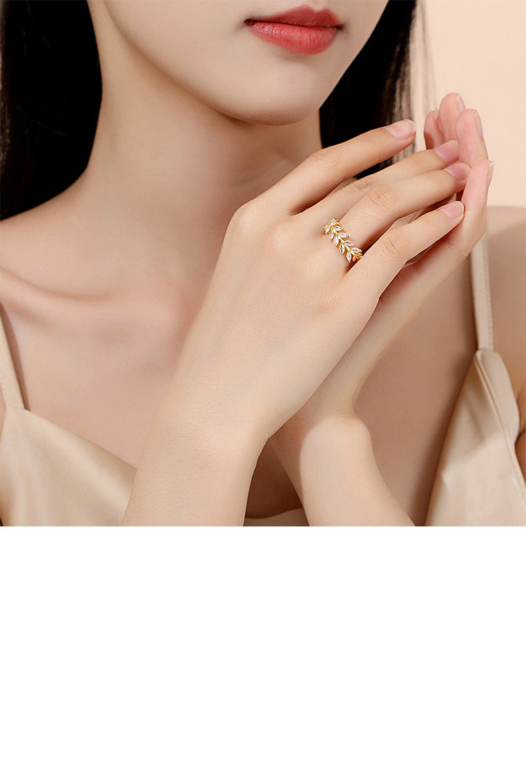 925 Sterling Silver Plated Gold Fashion Simple Wheat Geometric Adjustable Open Ring with Cubic Zirconia - Luxurious Look