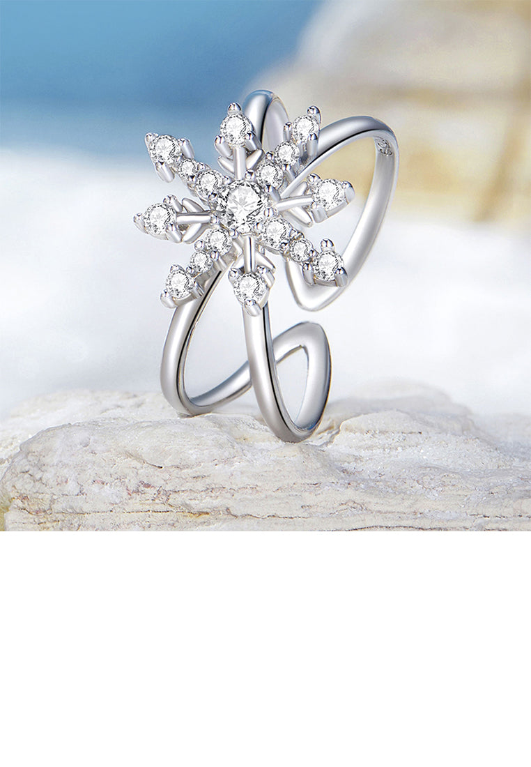 925 Sterling Silver Fashion Simple Snowflake Adjustable Open Ring With Cubic Zirconia - Luxurious Look