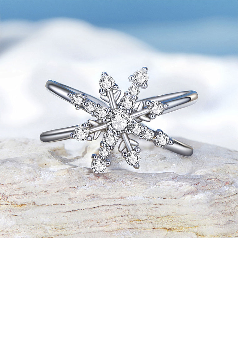 925 Sterling Silver Fashion Simple Snowflake Adjustable Open Ring With Cubic Zirconia - Luxurious Look