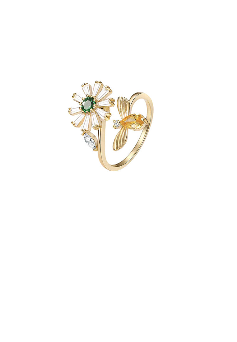 Fashion Temperament Plated Gold Bee Daisy Adjustable Open Ring with Cubic Zirconia - Luxurious Look