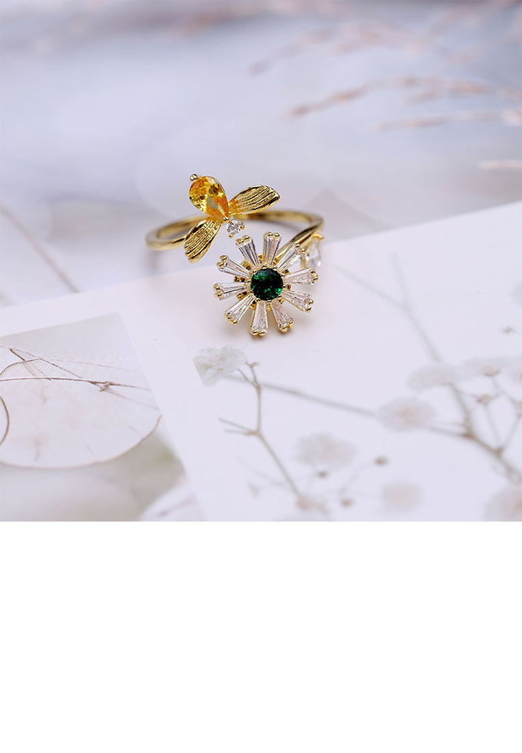 Fashion Temperament Plated Gold Bee Daisy Adjustable Open Ring with Cubic Zirconia - Luxurious Look