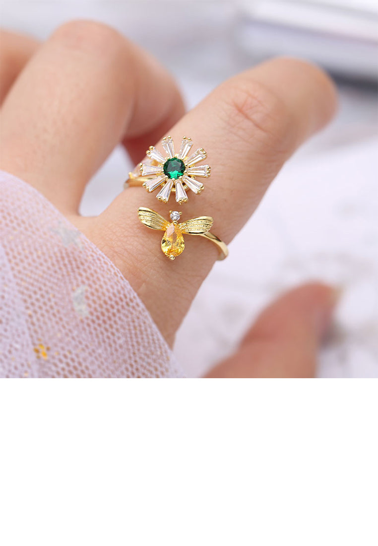 Fashion Temperament Plated Gold Bee Daisy Adjustable Open Ring with Cubic Zirconia - Luxurious Look