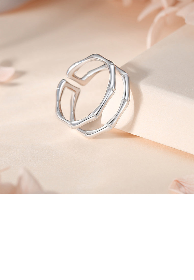 925 Sterling Silver Simple and Personalized Bamboo Geometric Double-layer Adjustable Open Ring