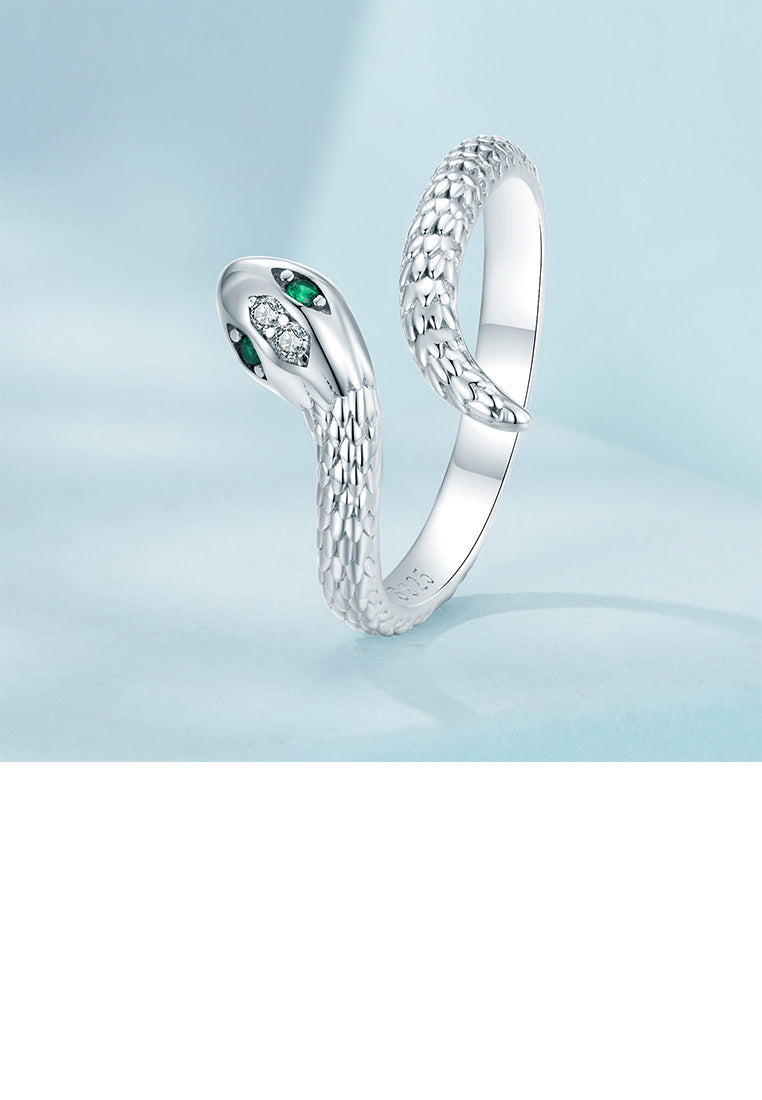 925 Sterling Silver Simple Personalized Snake Shape Adjustable Open Ring with Cubic Zirconia - Luxurious Look