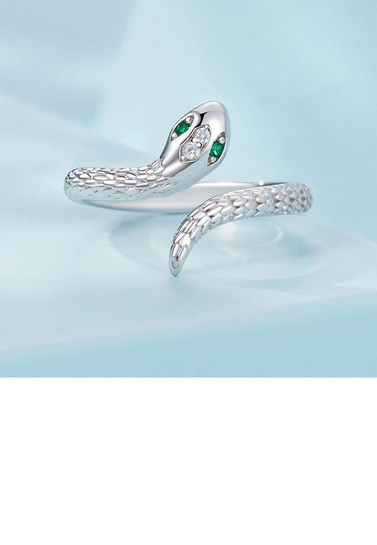 925 Sterling Silver Simple Personalized Snake Shape Adjustable Open Ring with Cubic Zirconia - Luxurious Look