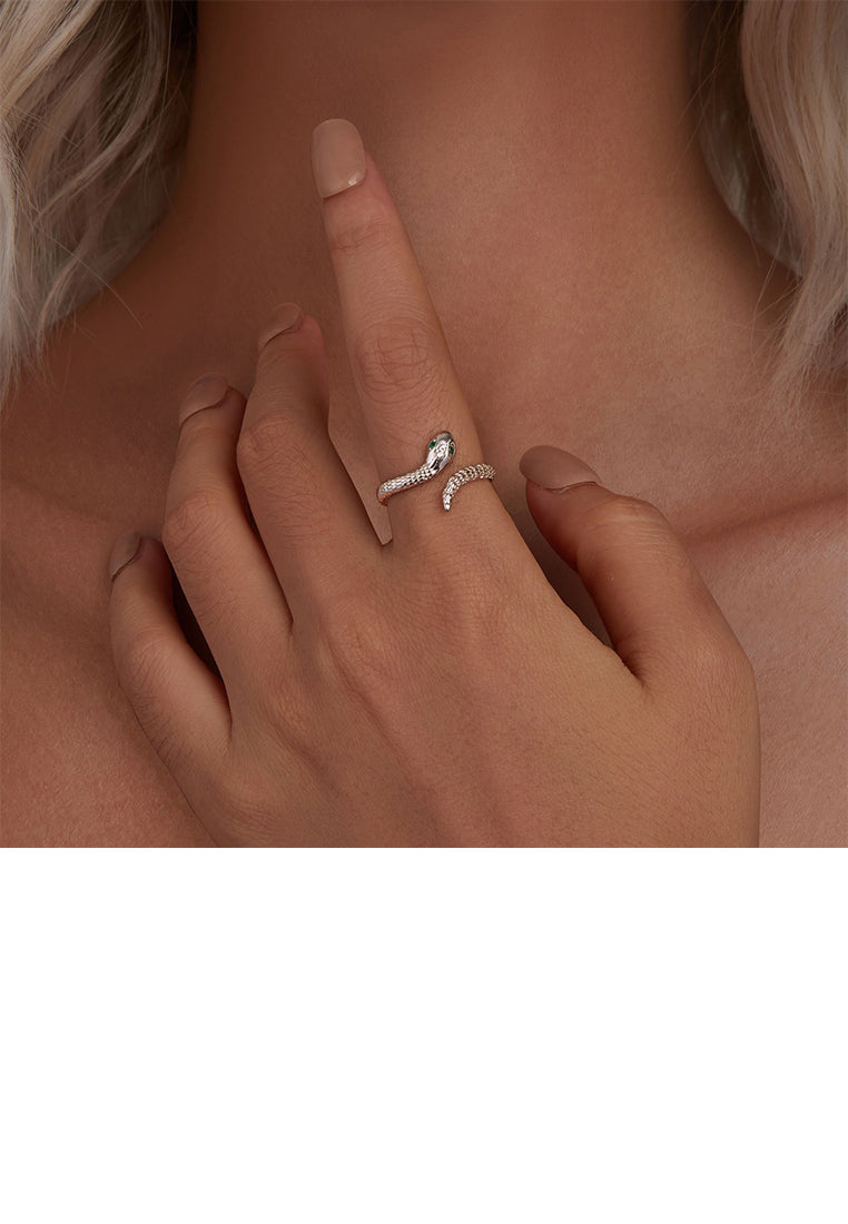 925 Sterling Silver Simple Personalized Snake Shape Adjustable Open Ring with Cubic Zirconia - Luxurious Look