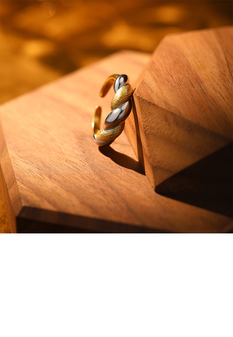925 Sterling Silver Plated Gold Fashion and Personalized Two-color Twist Geometric Adjustable Open Ring
