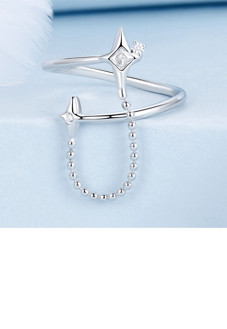 925 Sterling Silver Simple Temperament Star Tassel Adjustable Open Ring with Cubic Zirconia - Luxurious Look