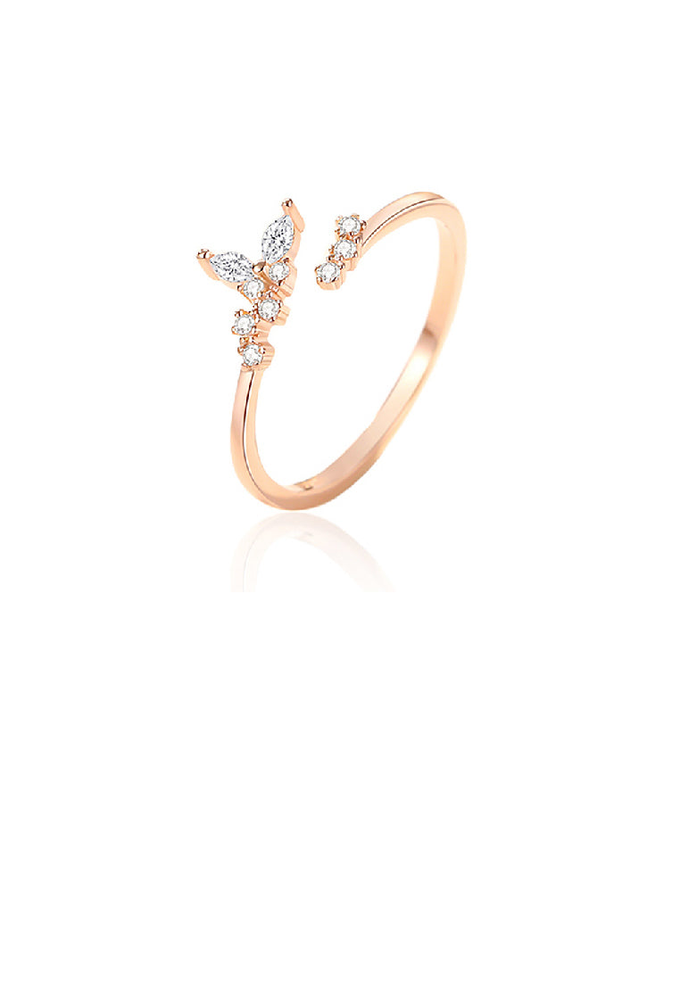 925 Sterling Silver Plated Rose Gold Simple Fashion Butterfly Adjustable Open Ring with Cubic Zirconia - Luxurious Look