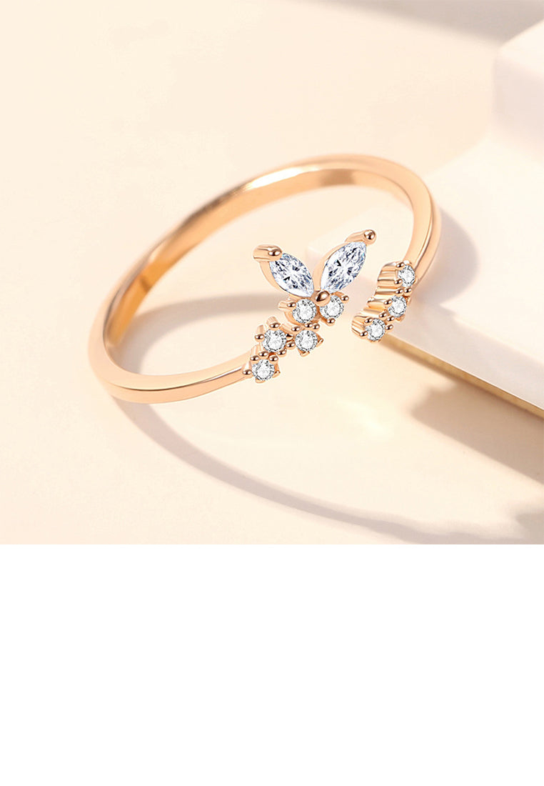 925 Sterling Silver Plated Rose Gold Simple Fashion Butterfly Adjustable Open Ring with Cubic Zirconia - Luxurious Look