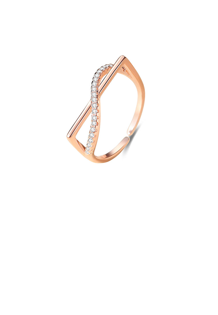 925 Sterling Silver Plated Rose Gold Simple Personalized Cross Geometric Adjustable Open Ring with Cubic Zirconia - Luxurious Look
