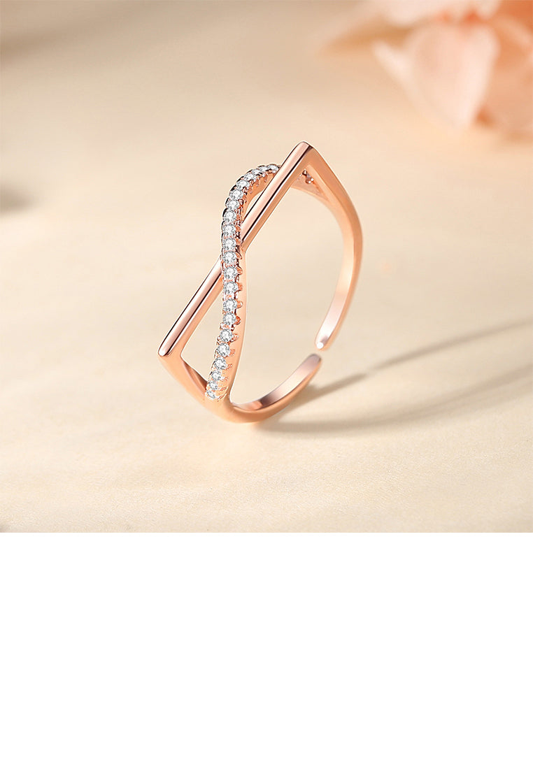 925 Sterling Silver Plated Rose Gold Simple Personalized Cross Geometric Adjustable Open Ring with Cubic Zirconia - Luxurious Look