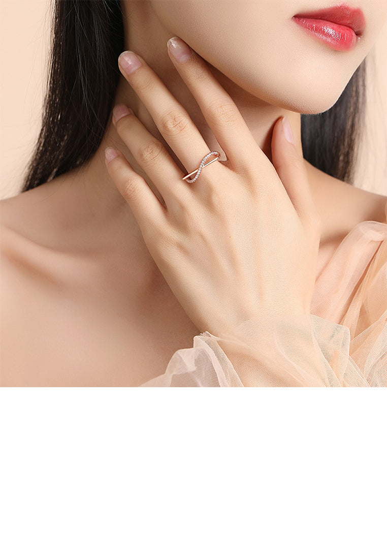 925 Sterling Silver Plated Rose Gold Simple Personalized Cross Geometric Adjustable Open Ring with Cubic Zirconia - Luxurious Look