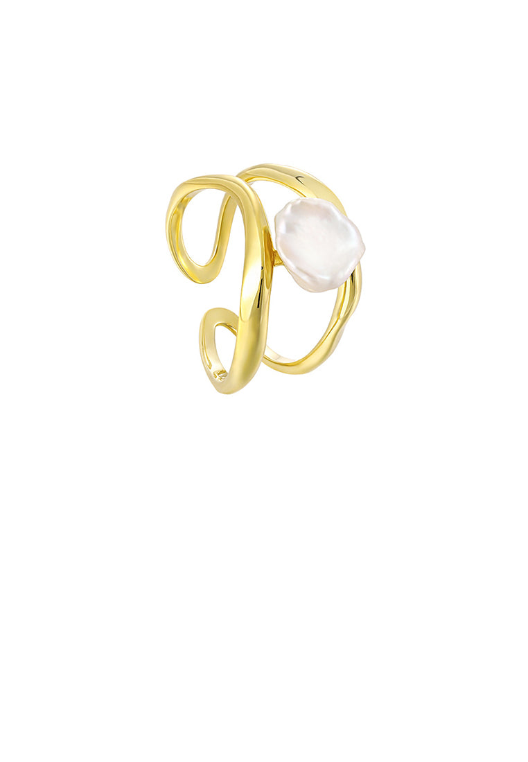 925 Sterling Silver Plated Gold Fashion Irregular Freshwater Pearl Multi-layer Geometric Adjustable Open Ring - Luxurious Look