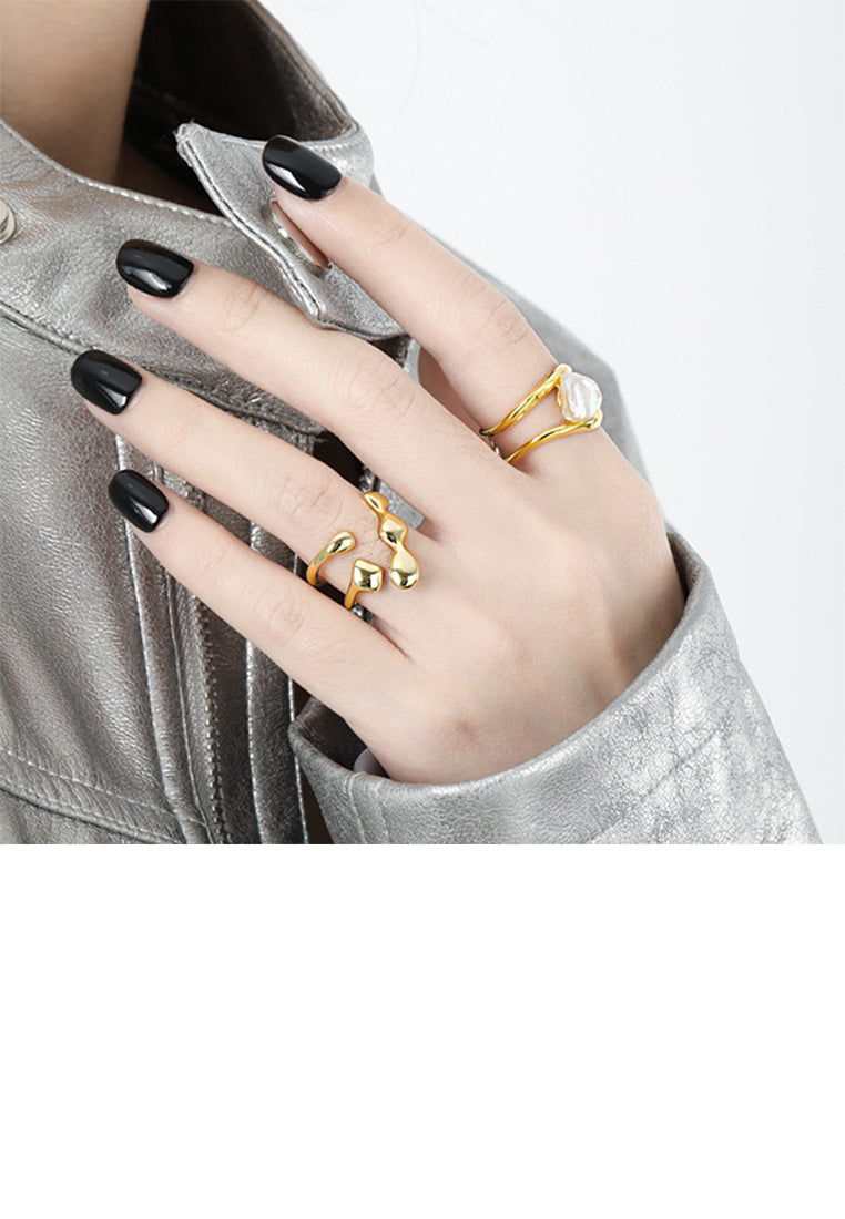 925 Sterling Silver Plated Gold Fashion Irregular Freshwater Pearl Multi-layer Geometric Adjustable Open Ring - Luxurious Look