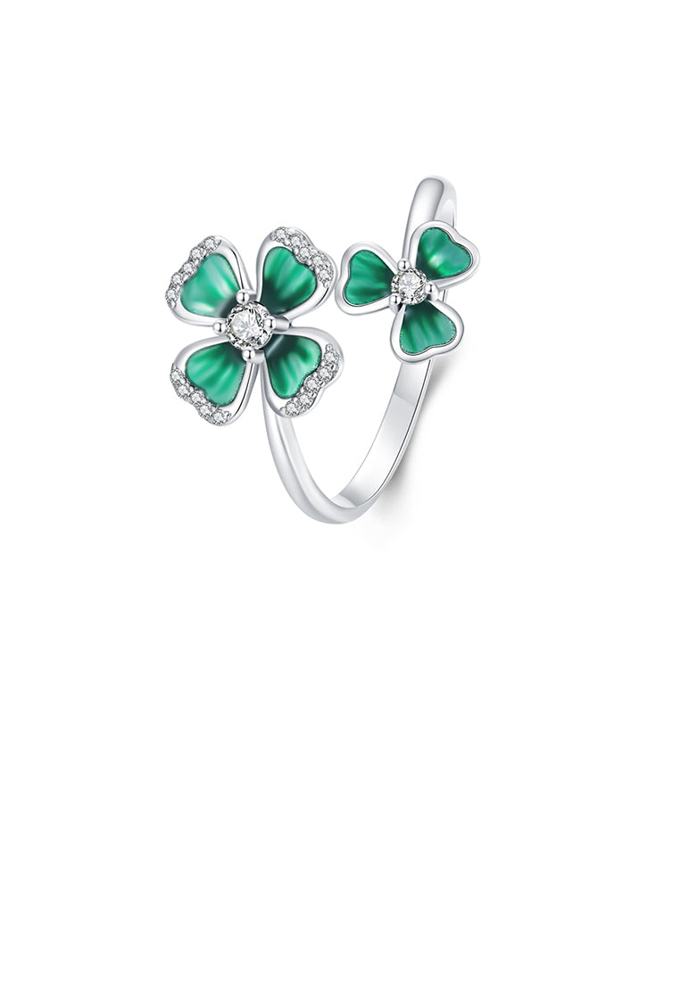 925 Sterling Silver Fashion and Elegant Enamel Four-Leafed Clover Adjustable Open Ring with Cubic Zirconia - Luxurious Look