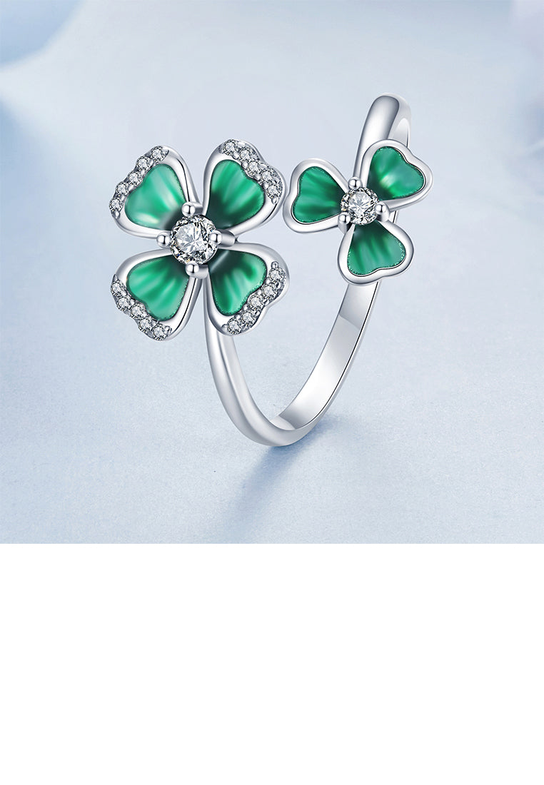 925 Sterling Silver Fashion and Elegant Enamel Four-Leafed Clover Adjustable Open Ring with Cubic Zirconia - Luxurious Look