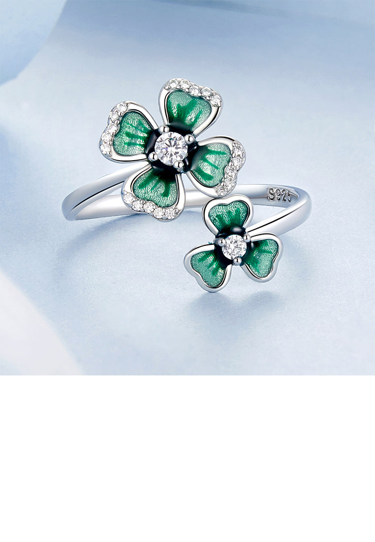925 Sterling Silver Fashion and Elegant Enamel Four-Leafed Clover Adjustable Open Ring with Cubic Zirconia - Luxurious Look