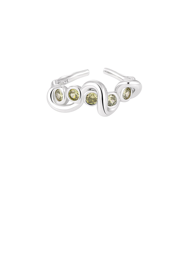 925 Sterling Silver Simple and Fashion Irregular Wavy Lines Adjustable Open Ring with Green Cubic Zirconia - Luxurious Look